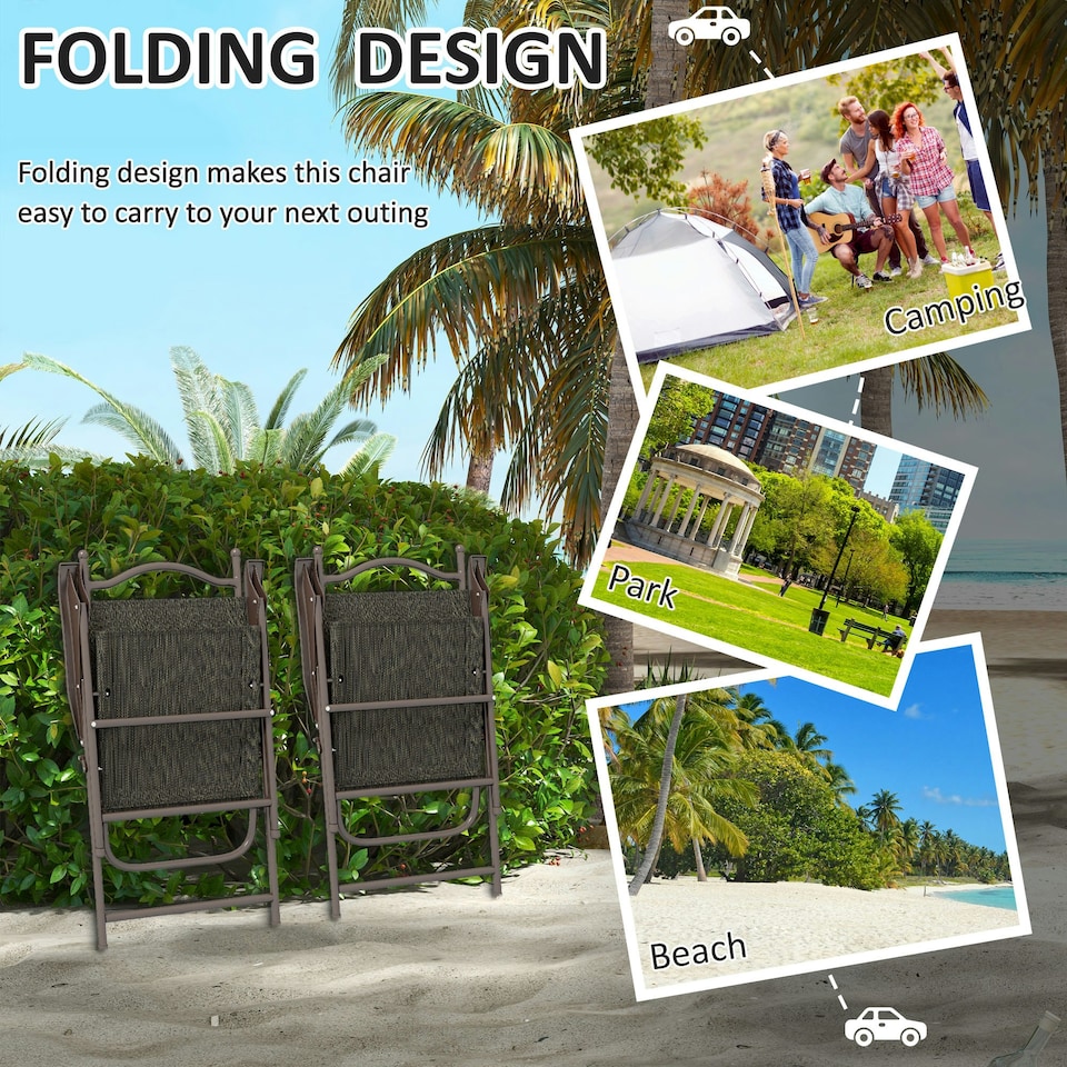 image 1 of Outsunny Folding Chairs Set, Breathable Mesh Fabric Seat, Dark Brown