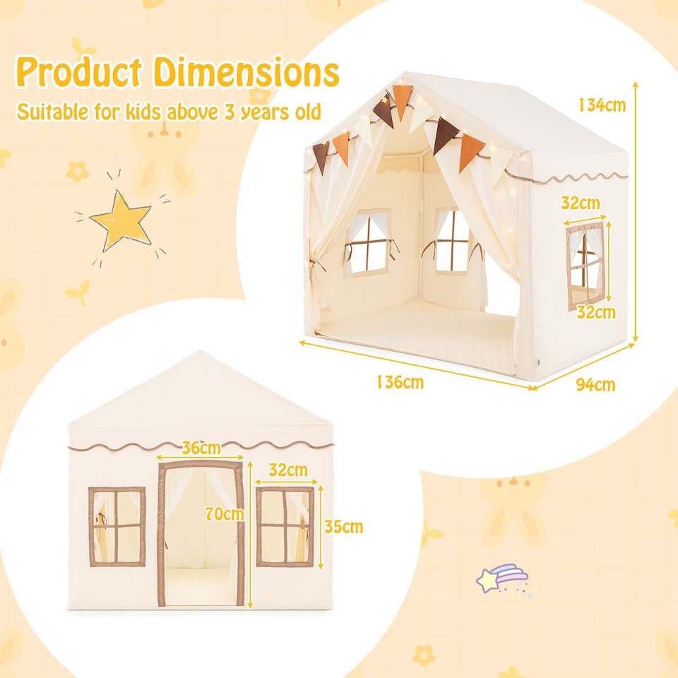 image 1 of COSTWAY Kids Play Tent 3-4 Kids Large Play Tent House w/2 Opening Doors-Beige