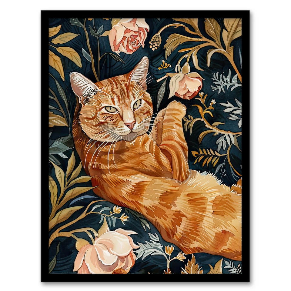 image 1 of Cat Lover Moggie Pet in Rose Garden Watercolour Black Framed Wall Art Print A4