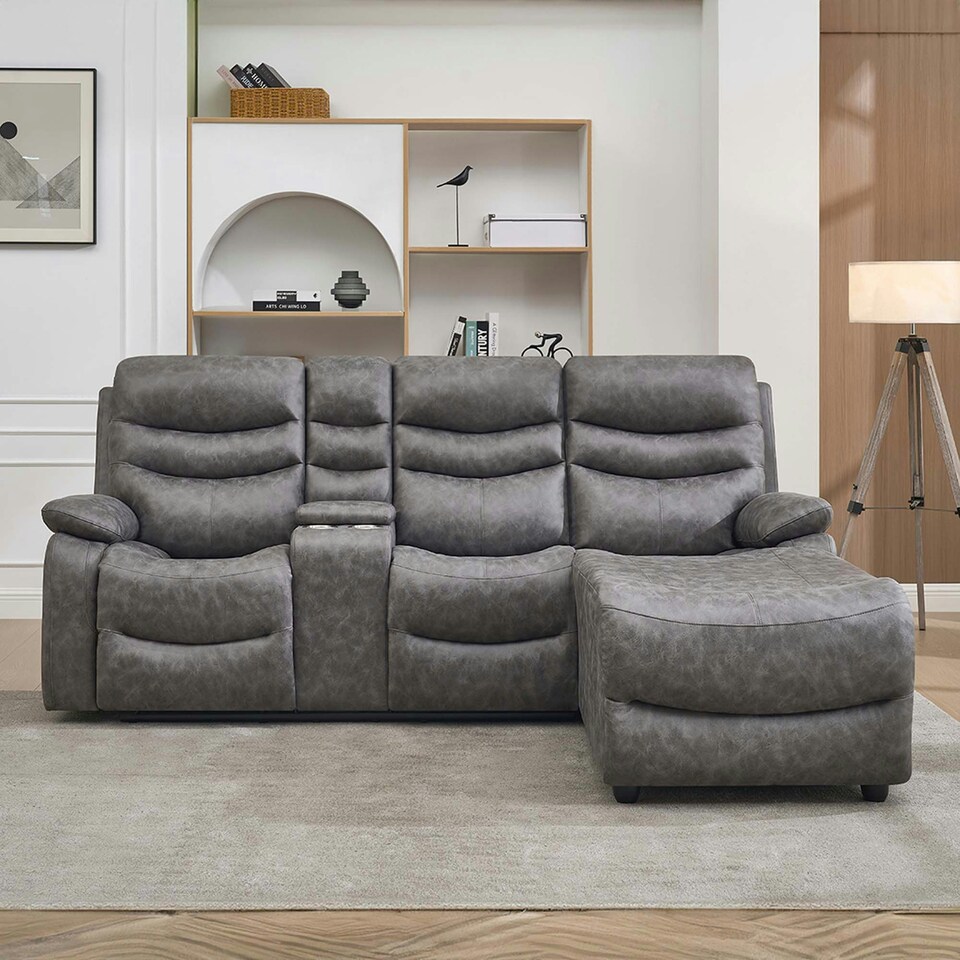 image 1 of Avon Chaise Lounge Manual Recliner Sofa w Drinks Console Grey