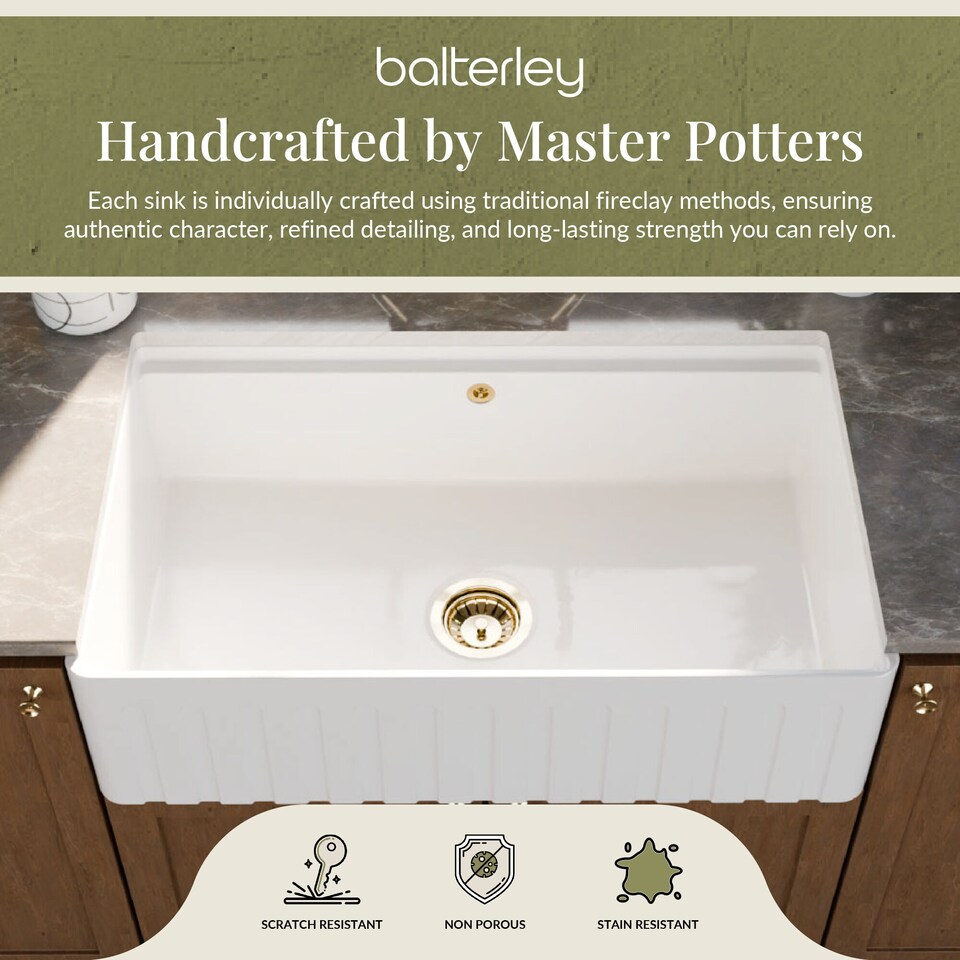 image 1 of Balterley Fireclay Single Bowl Fluted Front Kitchen Sink with Ledge and Overflow - Balterley | White | White | 220.0000 x 795.0000 x 460.0000mm | 1