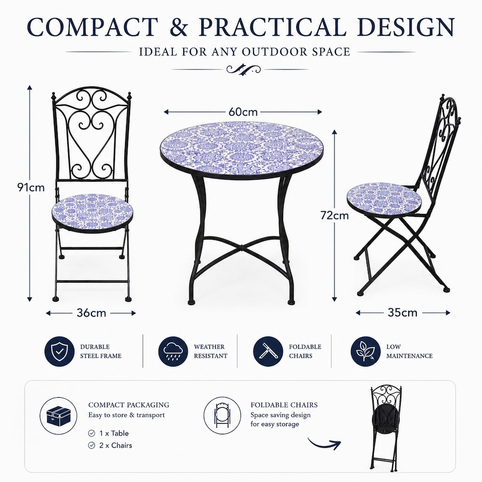image 1 of Mosaic Bistro Set Three Piece Folding Outdoor Table and Chairs for Balcony Patio and Small Garden Dining
