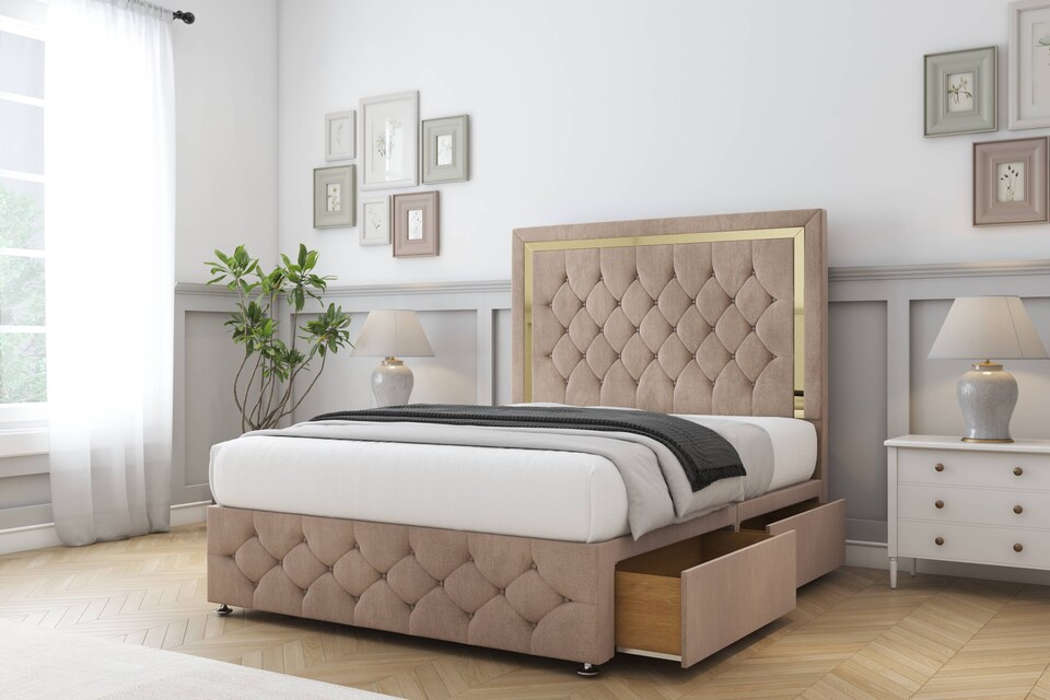 image 1 of Sloomy Sofia Gold Mink Naples Divan Bed Base 2 Drawers Foot-End With 54 Inch Floor Standing Headboard & 12 Inch Matching Footboard | Brown | Mink | Super King | 1