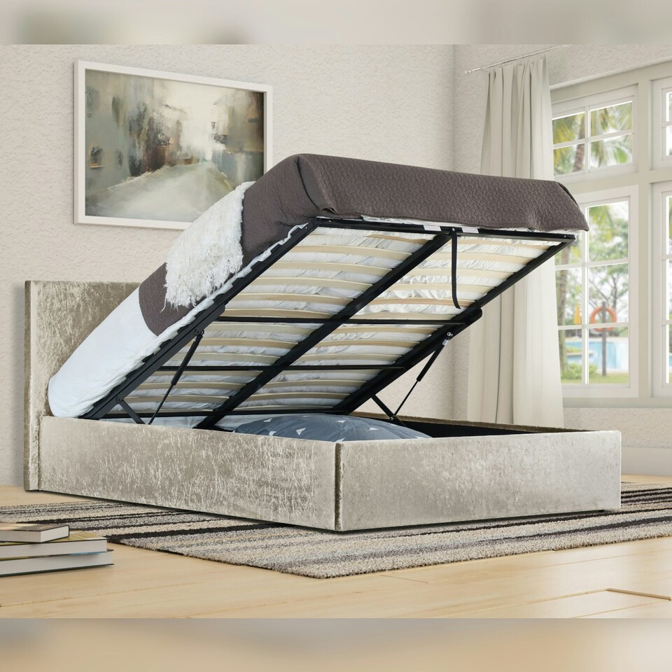 image 1 of 3ft Single Crushed Velvet Gas Lift Ottoman Bedframe in Cream