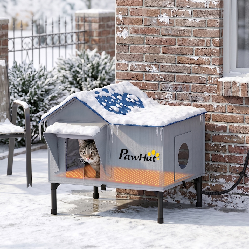 image 1 of PawHut Heated Cat House Weatherproof Cat House for Outside with Heating Pad