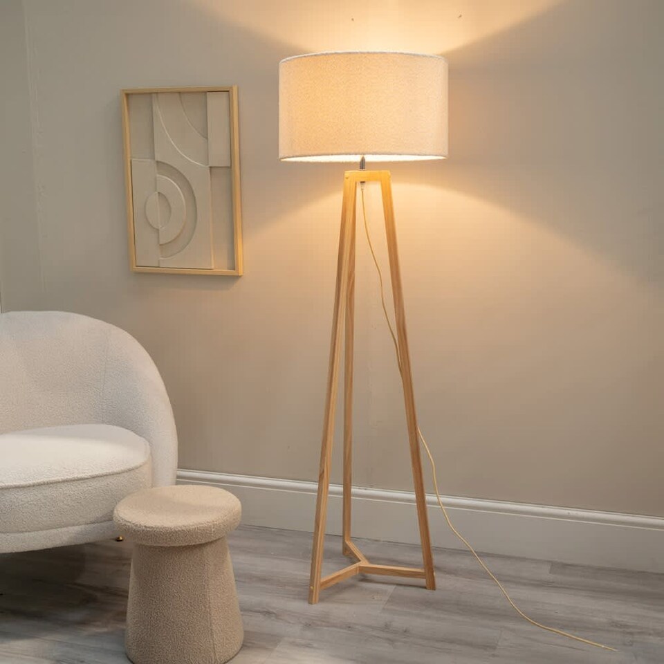image 1 of ValueLights Lottie Natural Wood Tripod Floor Lamp Cream Boucle Shade