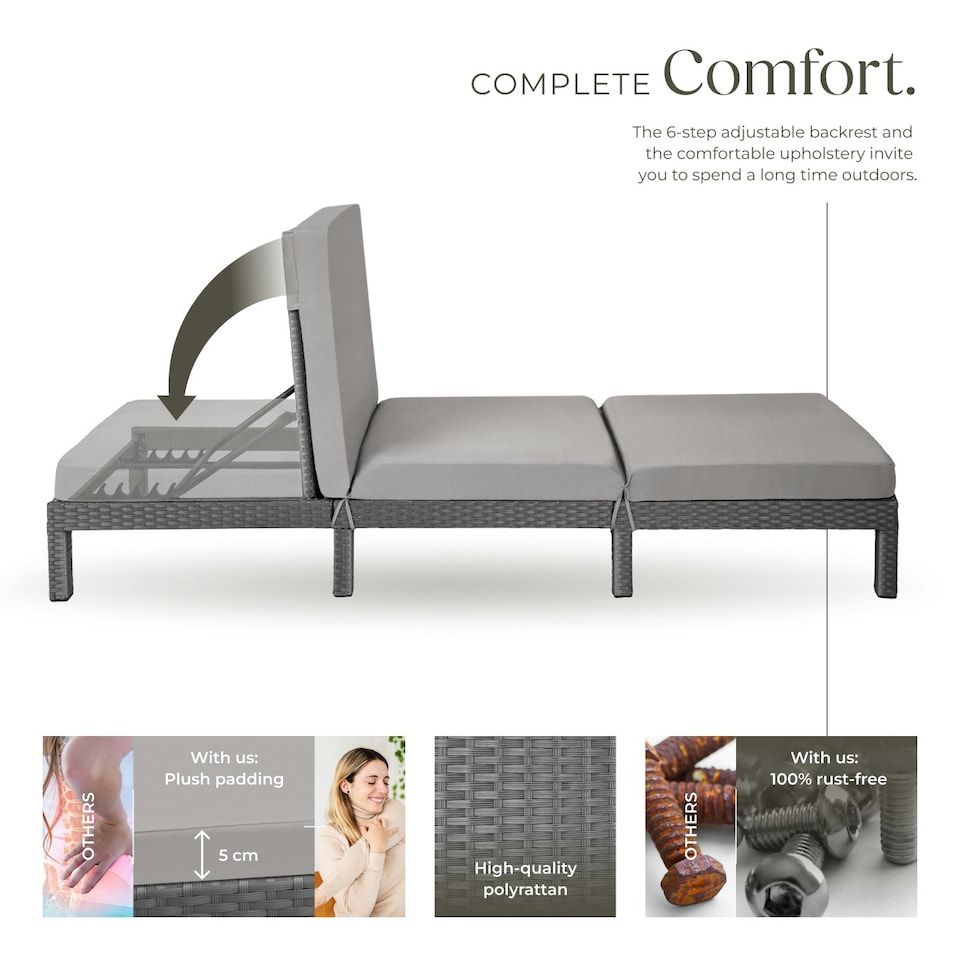 image 1 of Sun Lounger Sofia - 6-step adjustable backrest, thick padding, UV-resistant Grey