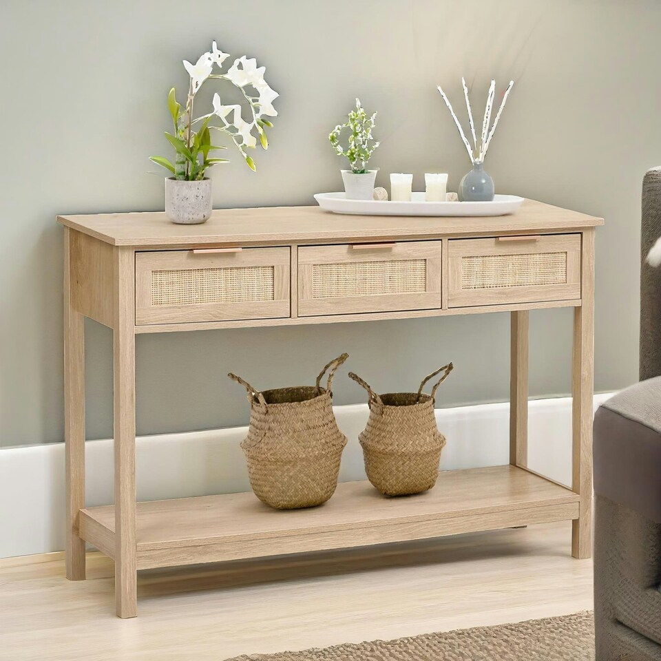 image 1 of Wooden 3 Drawer Rattan Hallway Console Table Brown Brown