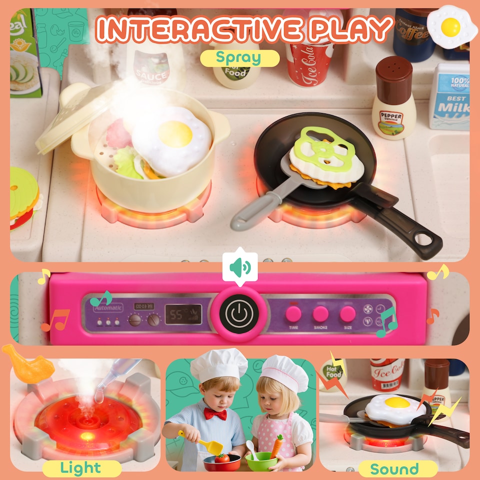 image 1 of AIYAPLAY Kids Play Kitchen Toy Kitchen Pretend Role Play Set 104PCS Accessories Including Realistic Lights & Sounds, Toy Food, Pots, Utensils, for 3-6 Years, Pink