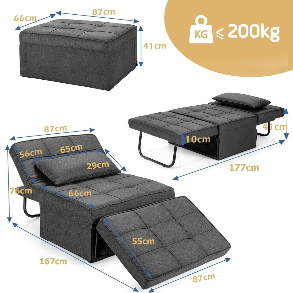 image 1 of COSTWAY 4-in-1 Convertible Sofa Bed Folding Couch Lounger Grey
