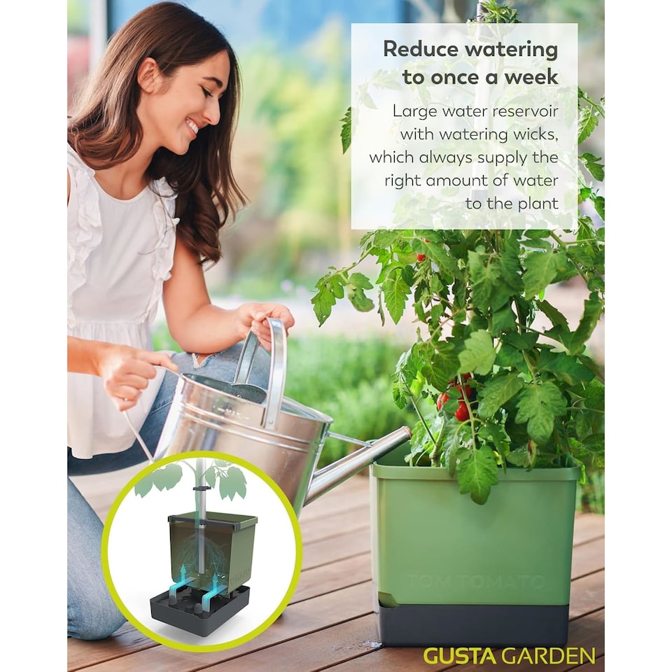 image 1 of Gusta Garden Tom Tomato Tomato Pot Dark Green- Planter with Climbing Aid, Self-Watering System & Plant Clips - 4.5L Water Reservoir & 20L Soil Capacity