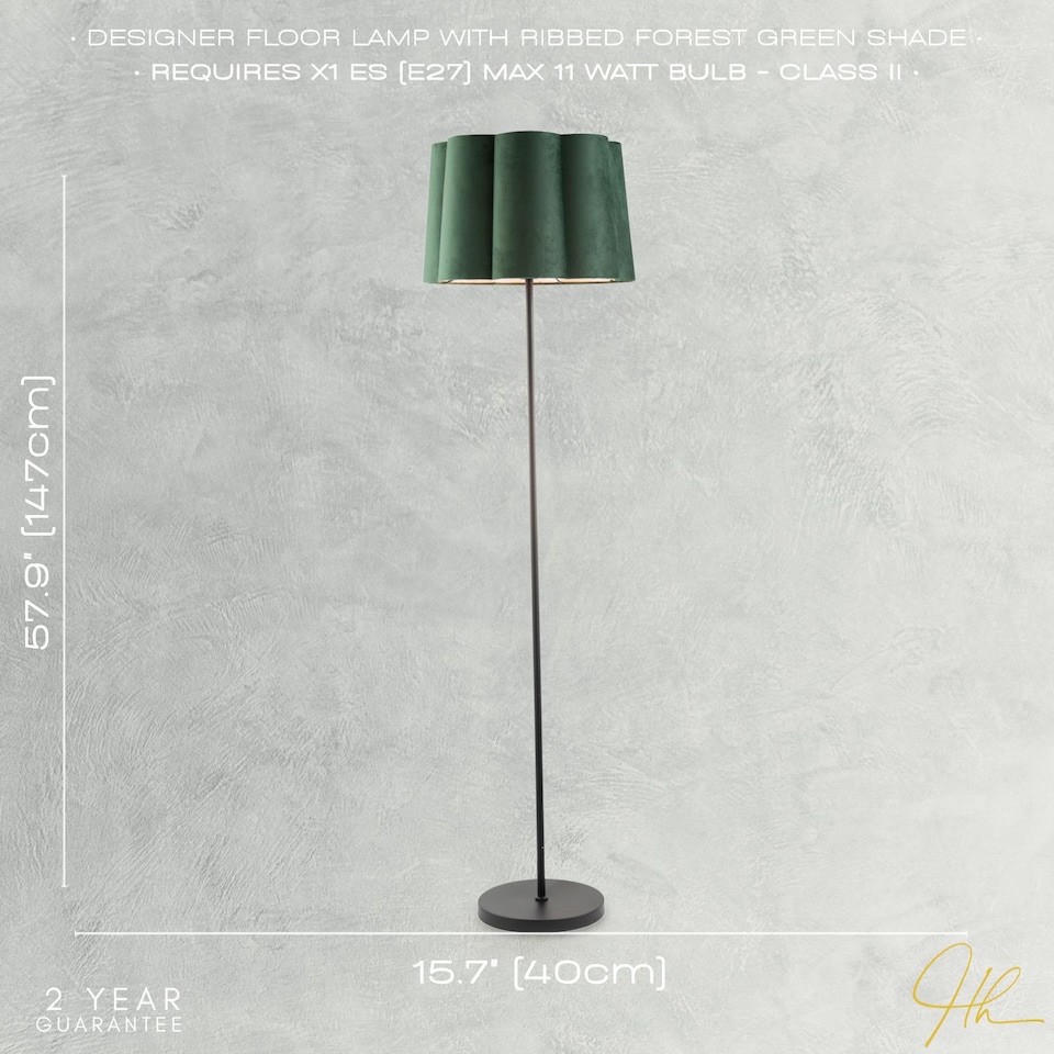 image 1 of Modern Matte Black Floor Lamp with Forest Green Velvet Scallop Shade