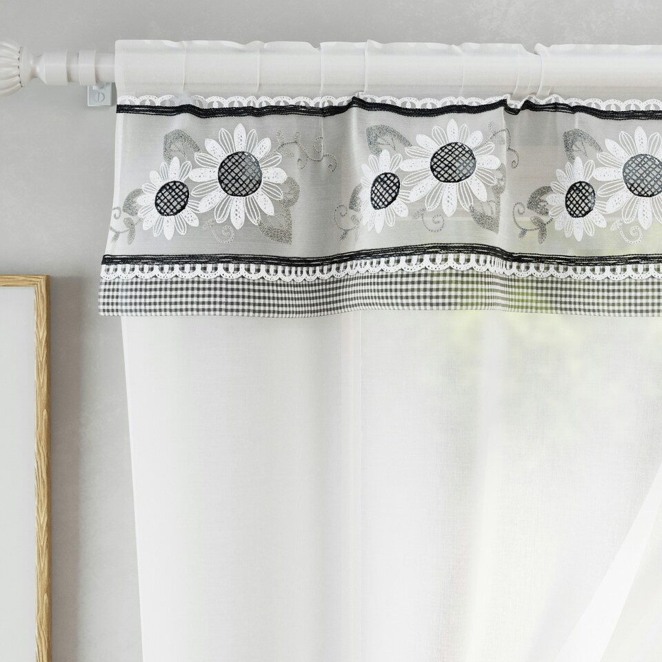 image 1 of Keswick Black Floral Embroidery Window Set 249 x 122 cm Rod Pocket Window Set with Attached Valance and 2 Matching Tie Backs