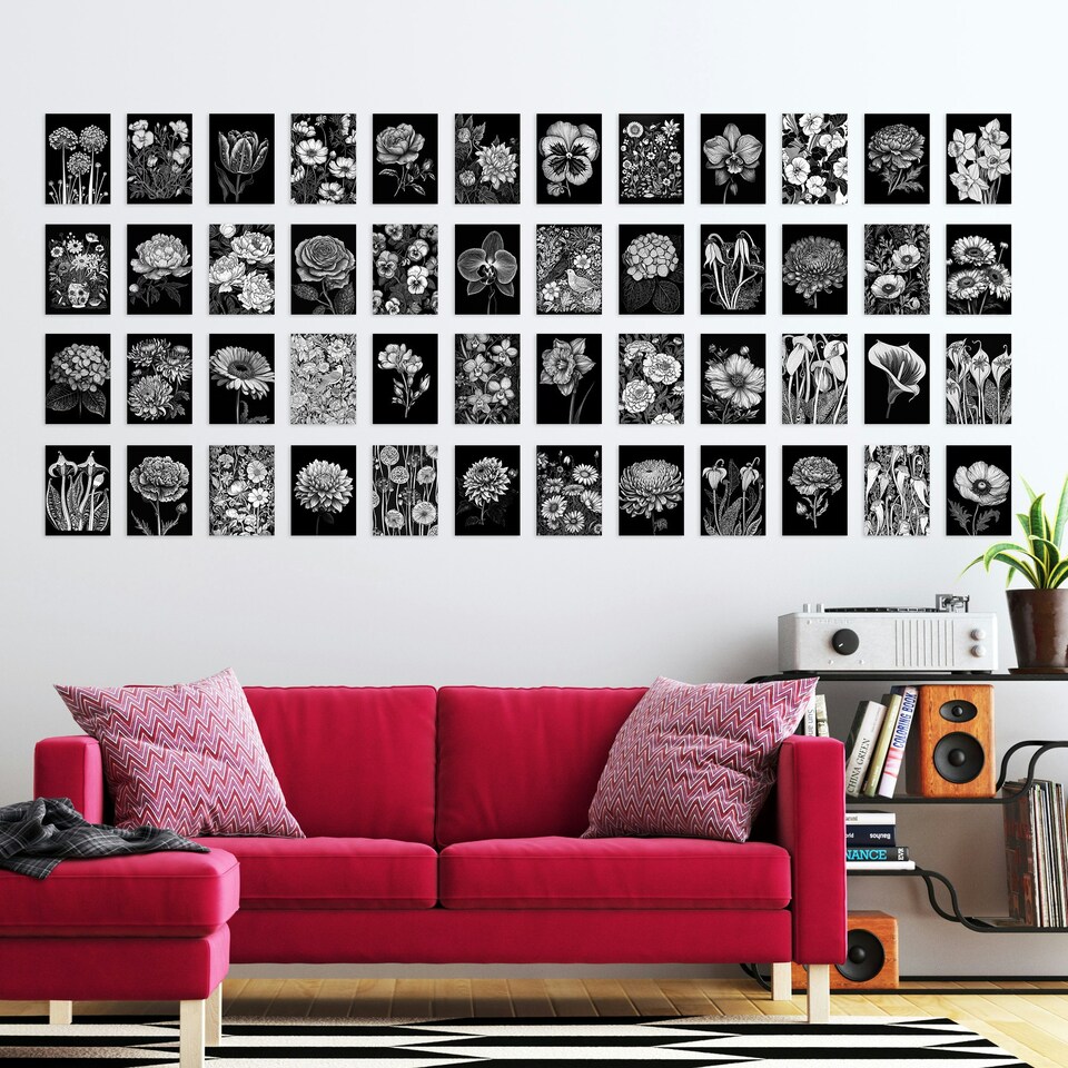 image 1 of Flower Floral Aesthetic Black White Wall Art Set of 50 Unframed A6 Prints