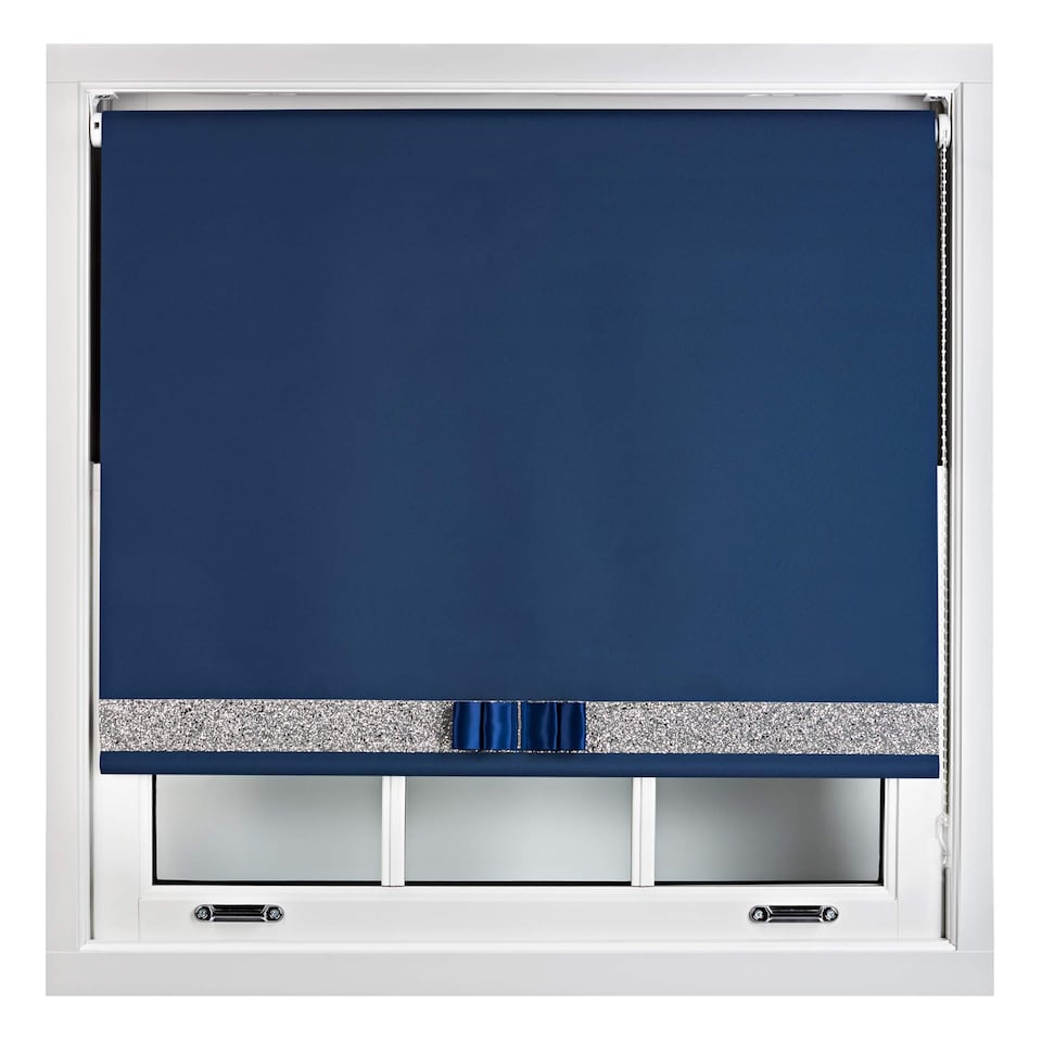 image 1 of FURNISHED Blackout Roller Blind with Silver Glitter Trim and Navy Bow Cut to Size | Blue | Navy | (W) 210cm x (L) 210cm