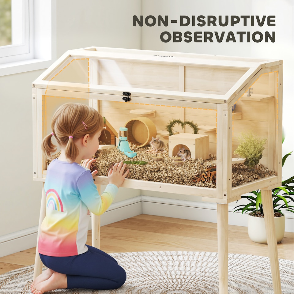 image 1 of PawHut Wooden Hamster Cage, Gerbils Cage with Openable Top and Seesaws