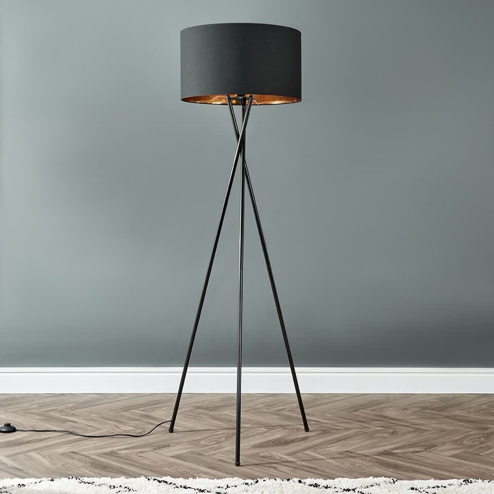 image 1 of ValueLights Camden Black Tripod Floor Lamp Black & Gold Shade & Bulb | Black