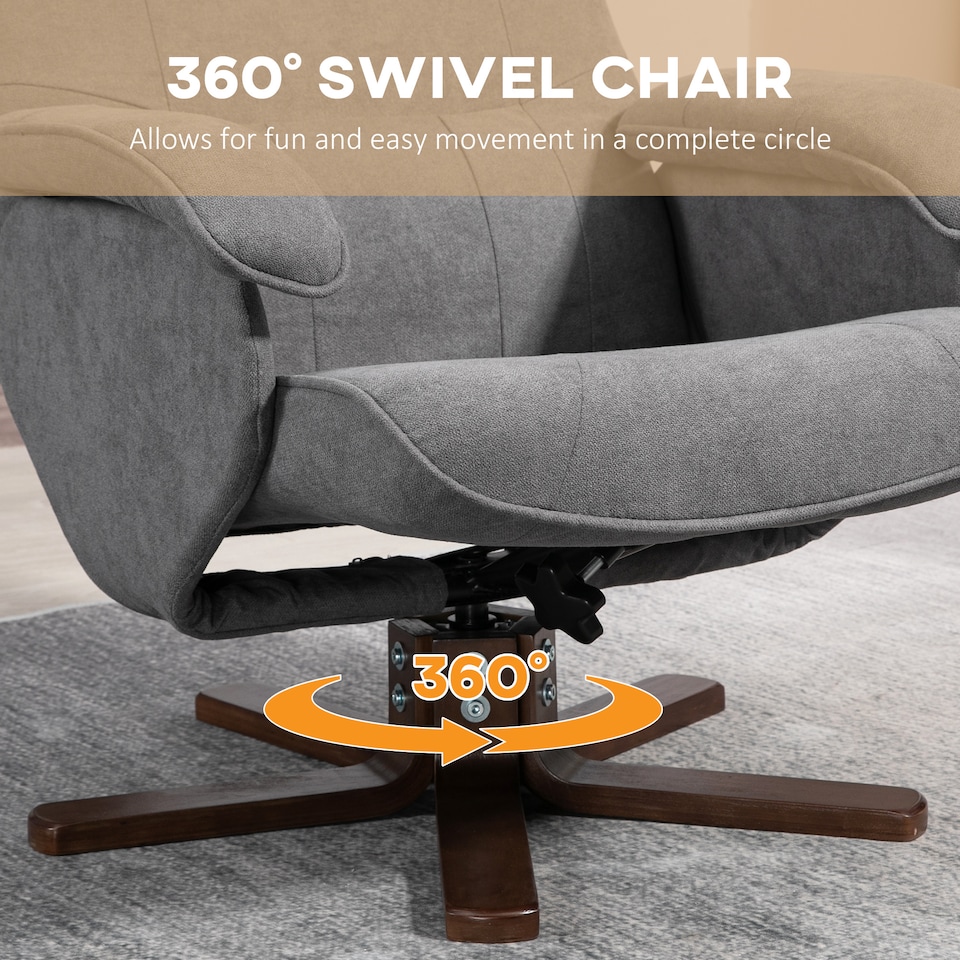 image 1 of HOMCOM Linen Swivel Recliner Chair with Footstool, Upholstered Reclining Armchair with Wooden Base for Living Room, Grey