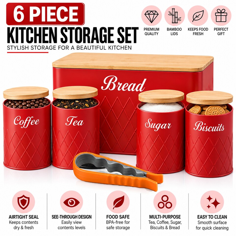 image 1 of 6Pcs Kitchen Storage Canister Jars with Can Opener Airtight Bamboo Lid Tea Coffee Sugar Bread Tins Set