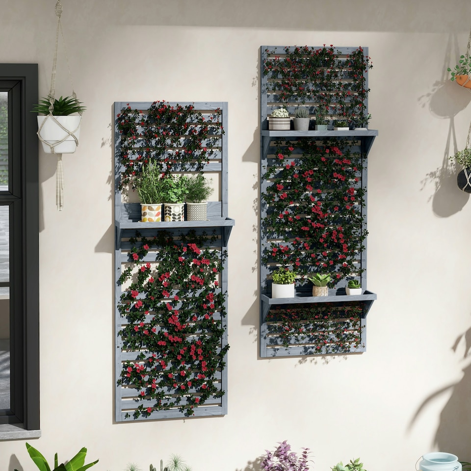 image 1 of Outsunny Wall Mounted Plant Stands Set of 2 with Shelves and Slatted Trellis