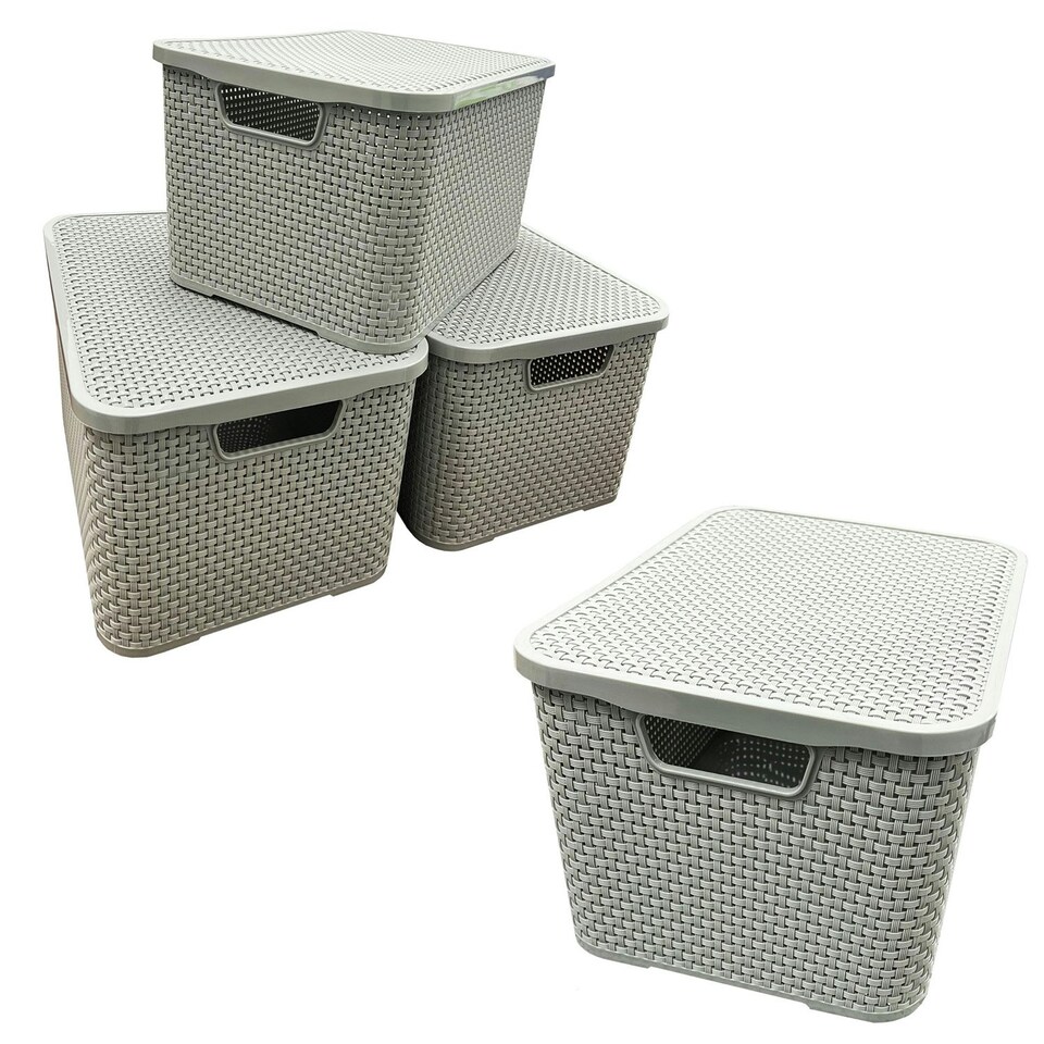 image 1 of 1 x Nature Inspired Light Grey Home & Office Rattan Effect Storage Basket With Lid Grey