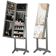 HOMCOM Full Length Mirror with Storage, Jewellery Cabinet with Mirror, Adjustable Angle and Stand, Lockable Jewellery Organiser for Bedroom Dressing Room, Grey