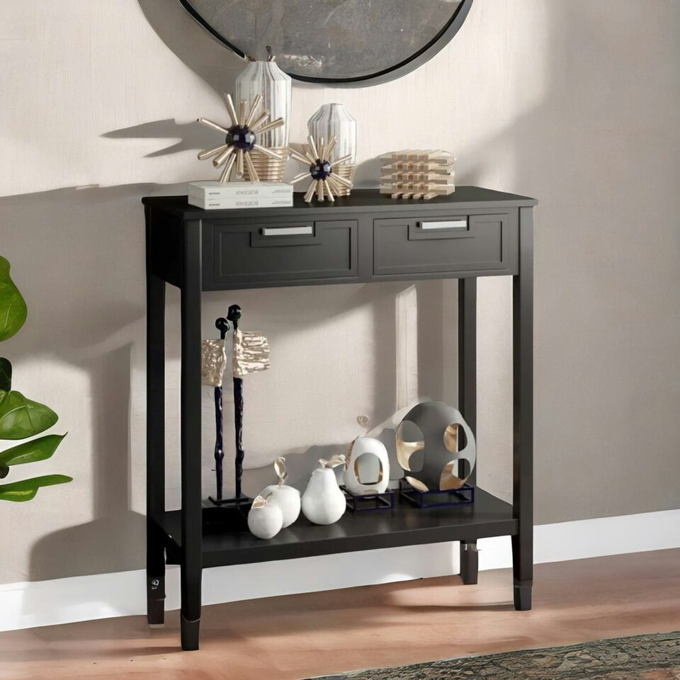 image 1 of Modern Wooden Console Table With 2 Drawers and Shelf Black Black