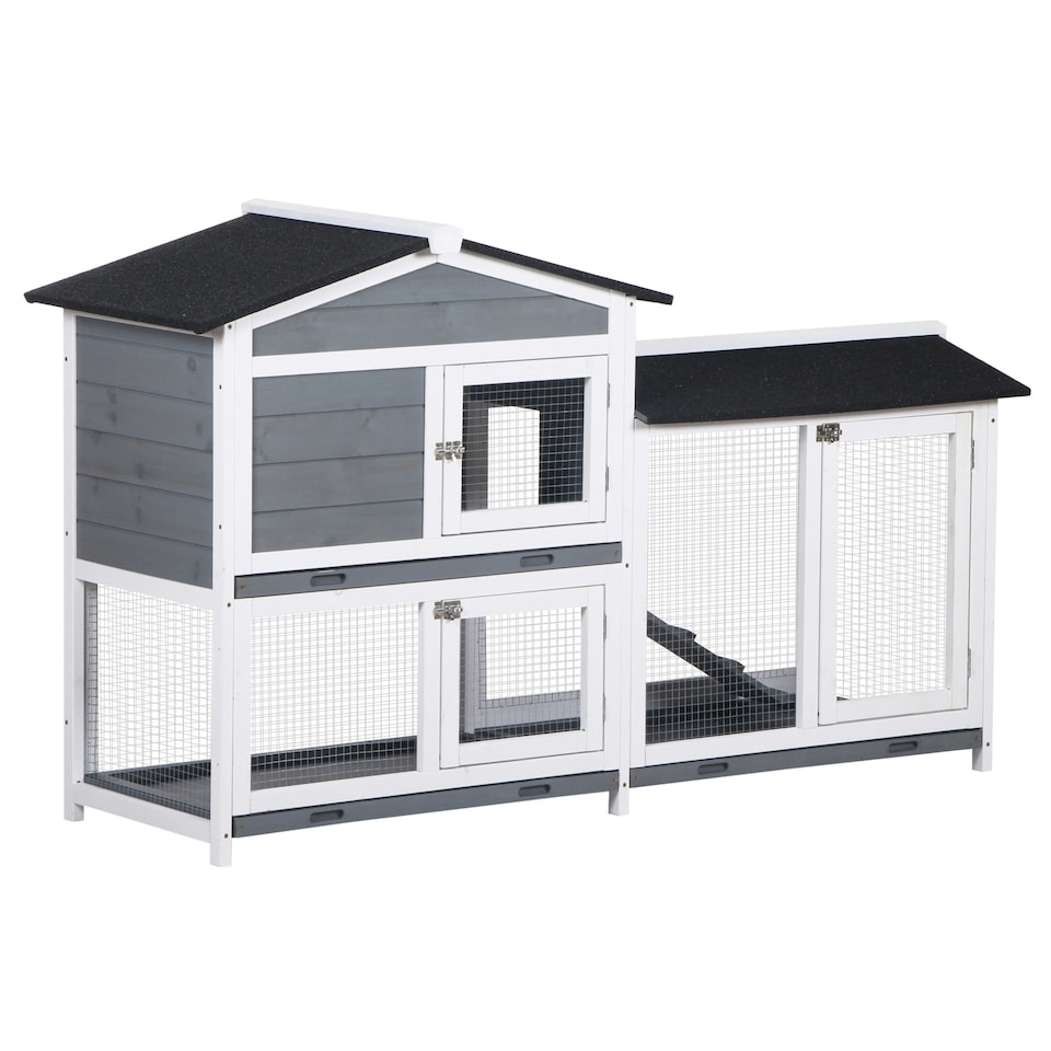 image 1 of PawHut 2-Tier Wooden Rabbit Hutch Guinea Pig House Pet Cage Outdoor w/ Tray Ramp