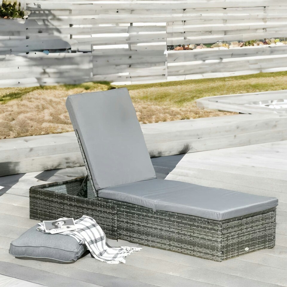 image 1 of Rattan Sun Lounger For Garden Reclining Deck Bed With Cushion Grey Grey