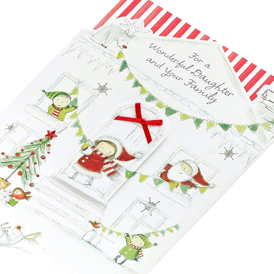 image 1 of Daughter and Family Christmas Card with Red Bow