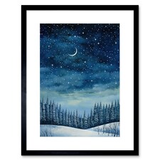 Clear Sky Starry Night Forest Covered Snow Winter 9x7" Black Framed Wall Art Print
