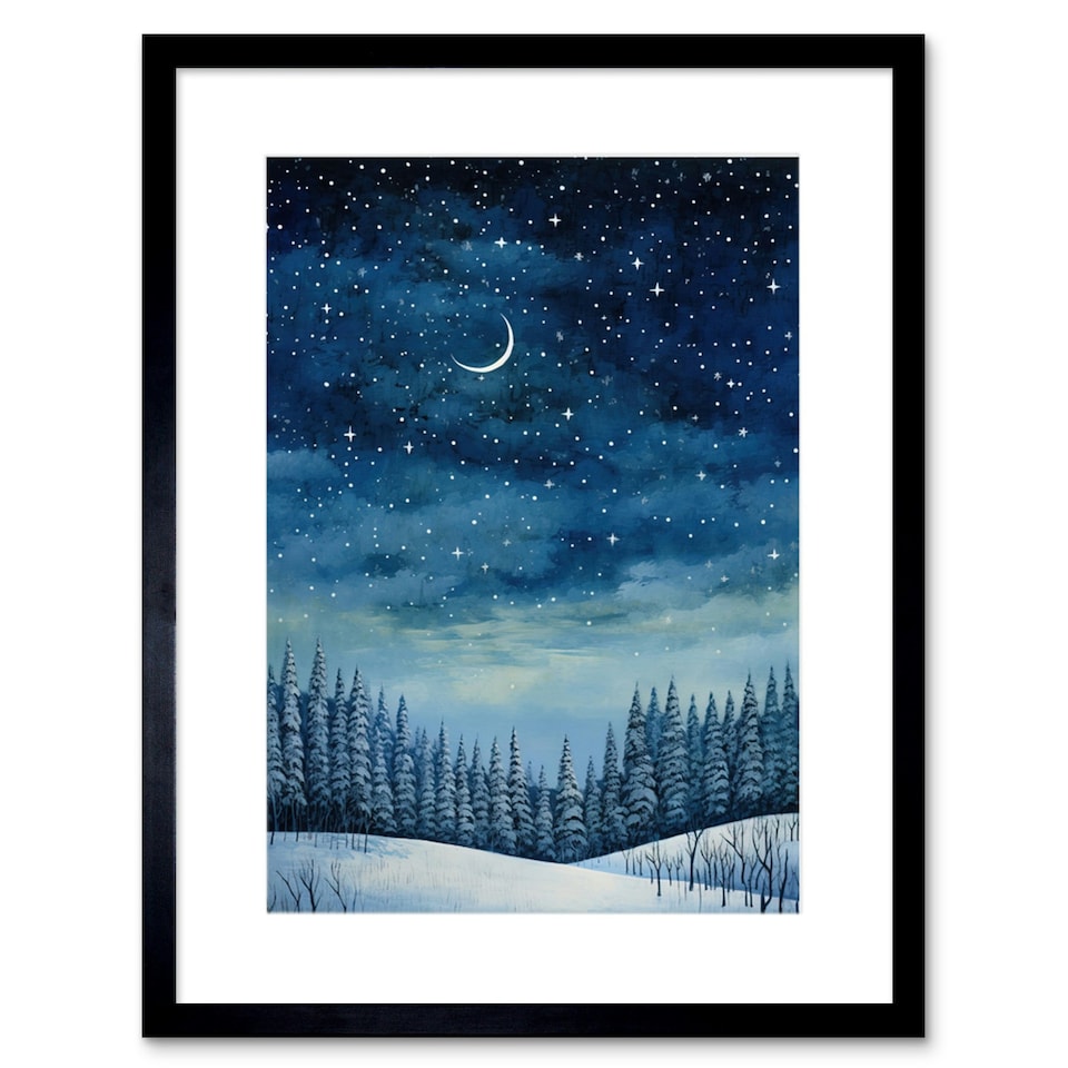 image 1 of Clear Sky Starry Night Forest Covered Snow Winter 9x7" Black Framed Wall Art Print