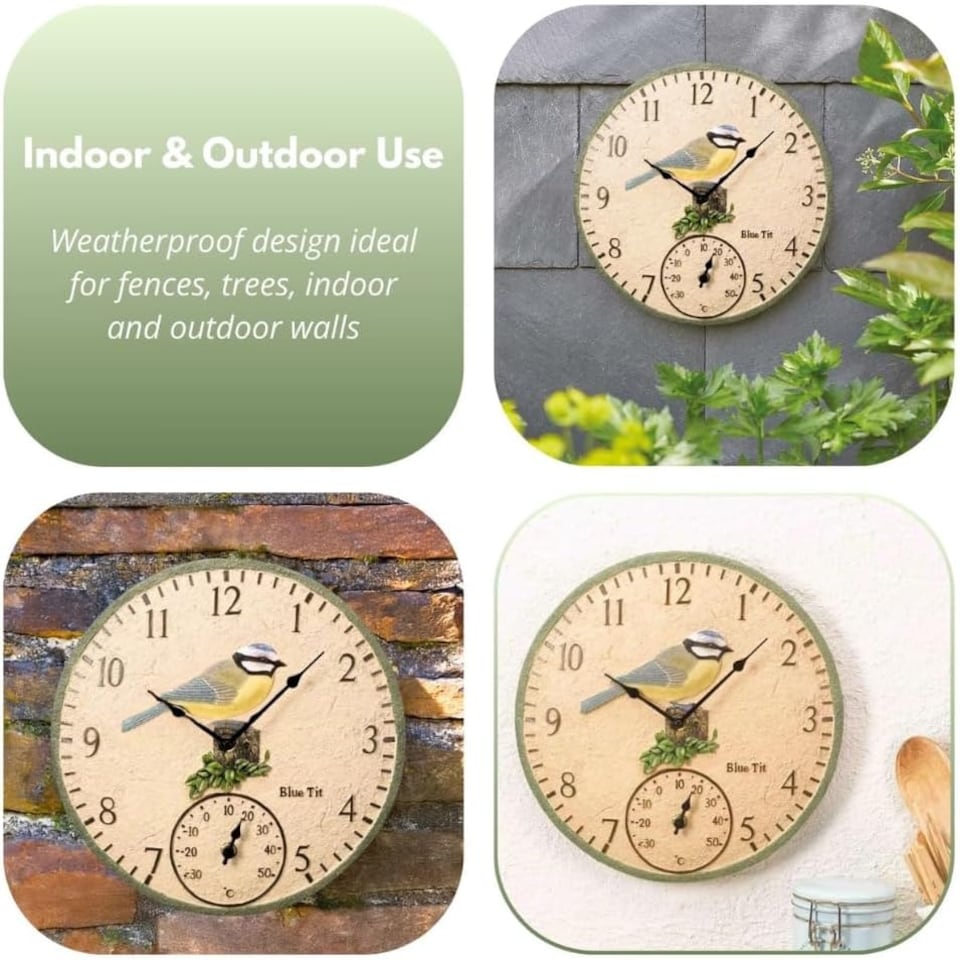 image 1 of Marco Paul 30cm Blue Bird Design Garden Clock and Thermometer Blue