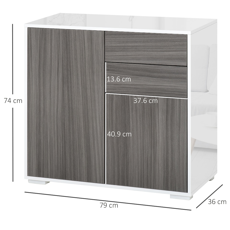 image 1 of HOMCOM High Gloss Frame Sideboard, Side Cabinet, Push-Open Design with 2 Drawer for Living Room, Bedroom, Light Grey and White