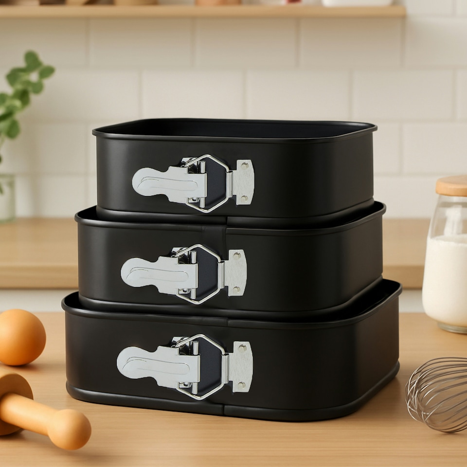 image 1 of Interiors by Premier Square Cake Tin Set Of 3, Non-Stick Springform Tins For Layered & Celebration Cakes, Durable Carbon Steel Black