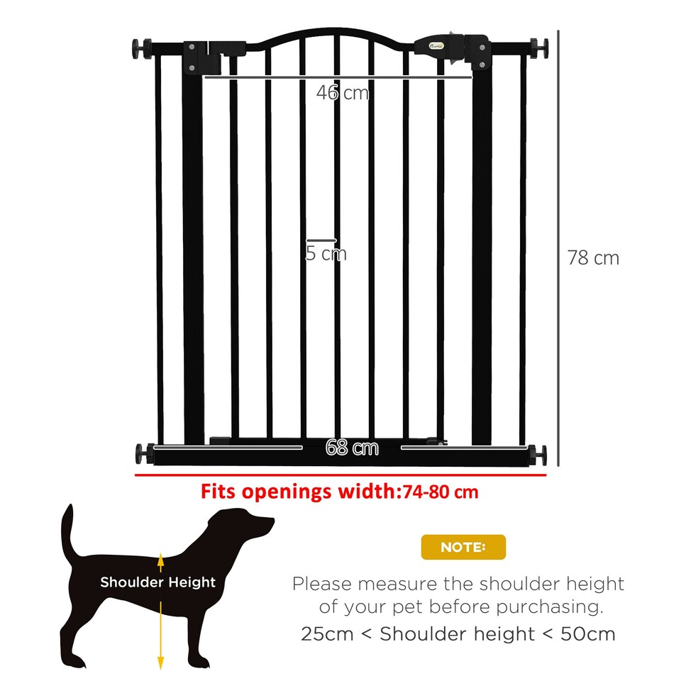 image 1 of PawHut 74-80cm Adjustable Metal Pet Gate Safety Barrier w/ Auto-Close Black