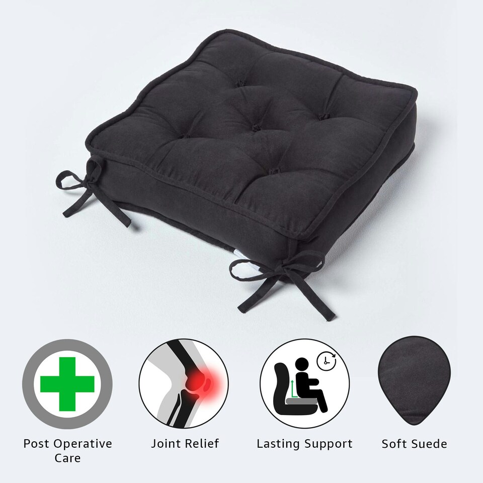image 1 of Homescapes Black Faux Suede Dining Chair Booster Cushion Black