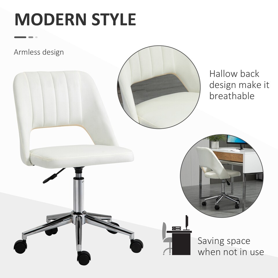 image 1 of Vinsetto Modern Office Chair, Velvet-feel Fabric Desk Chair with Wheels, Comfy Armless Swivel Vanity Chair for Makeup, Nail Tech, Bedroom, Cream White