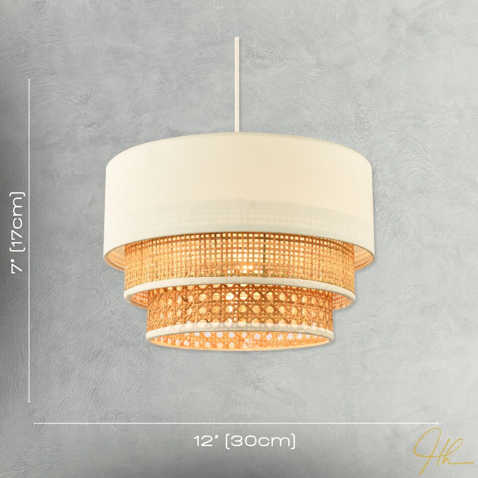 image 1 of Contemporary Triple Tier Cream Linen and Natural Rattan Pendant Shade | Brown | Brown | 1