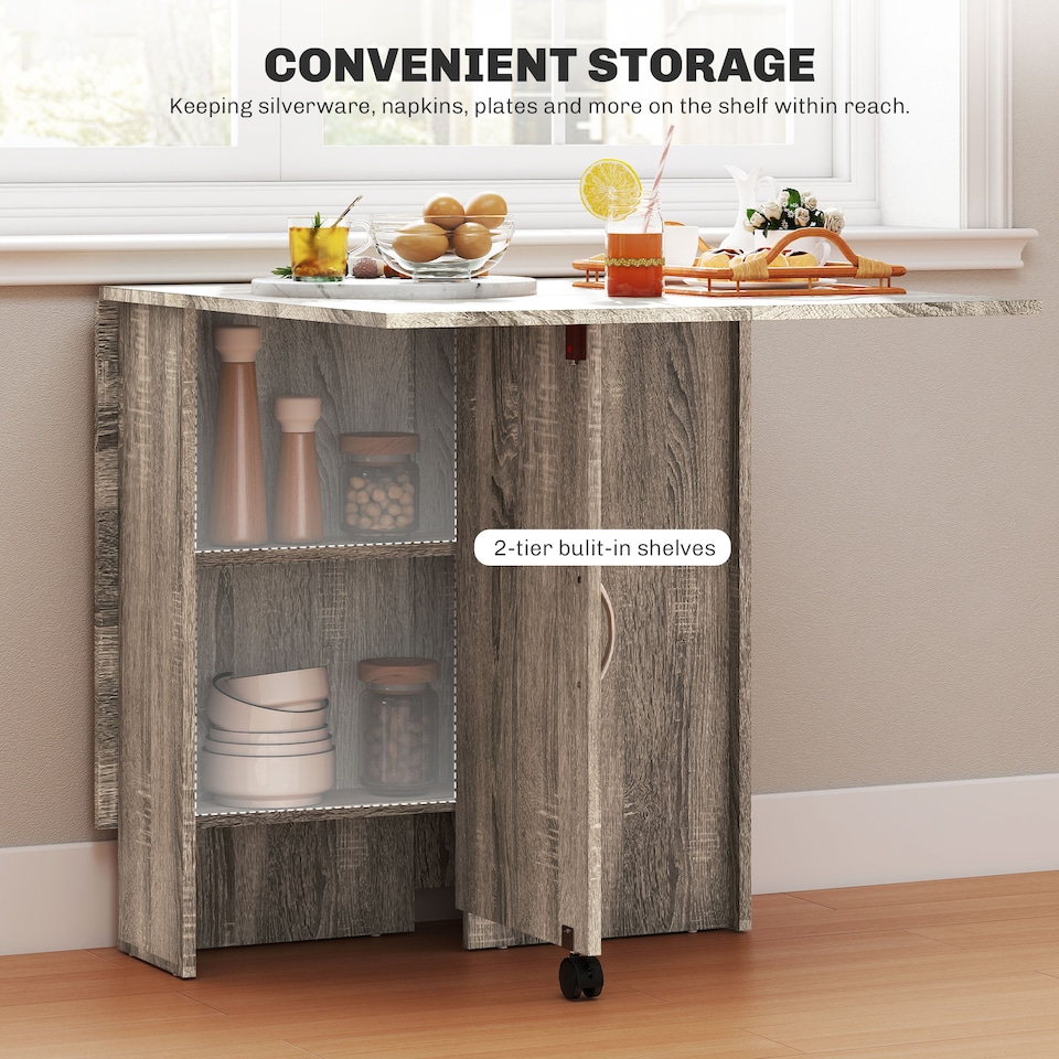 image 1 of HOMCOM Folding Dining Table, Drop Leaf Table with 2-Tier Shelves, Rolling Casters, for Small Spaces, Kitchen, Grey