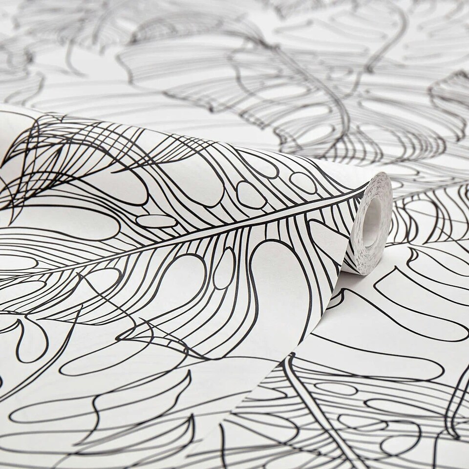 image 1 of Monstera Leaf Wallpaper in Monochrome Multi