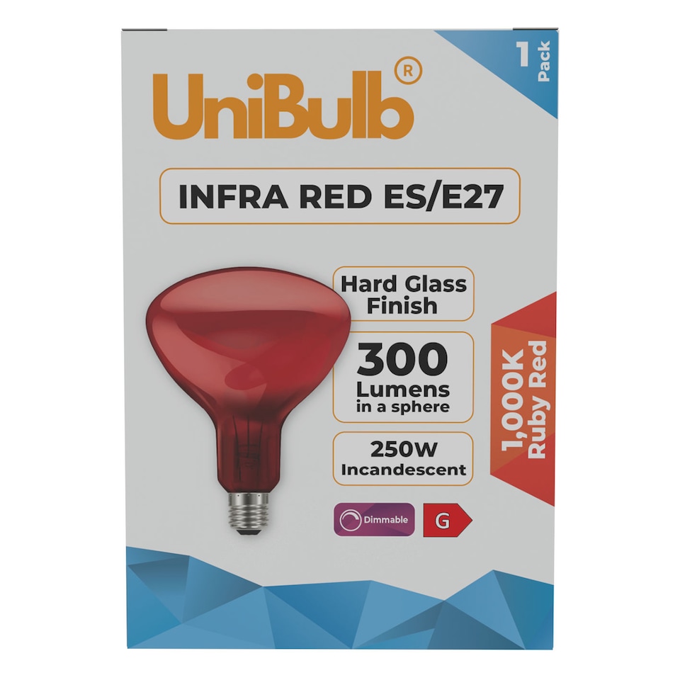 image 1 of UniBulb Infra-Red Ruby Red Heater Lamp Light Bulb E27 300lm 250W 2000K - Pack of 1 | Red | Infra Red | 1