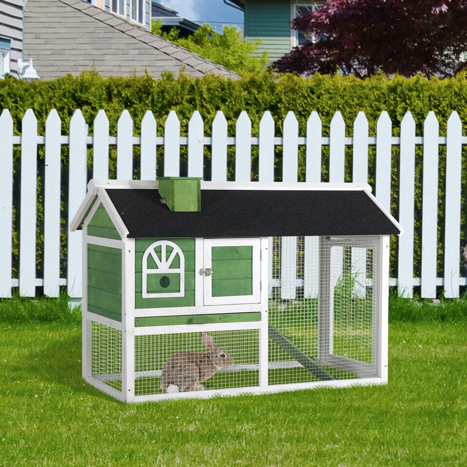 image 1 of PawHut Rabbit Hutch, Guinea Pig Hutch 2 Tiers Outdoor w/Tray & Ramp, Green