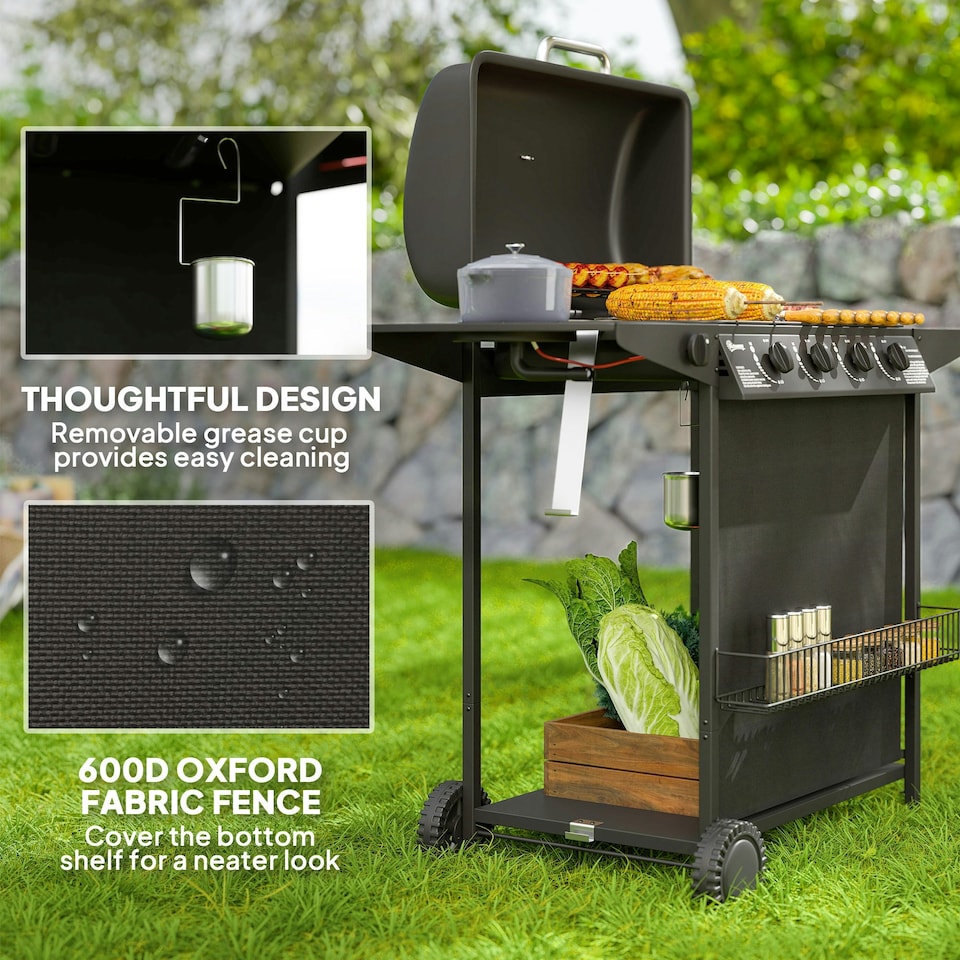 image 1 of Outsunny 5 Burner Gas Barbecue Grill Portable Gas BBQ Grill with Lid, Black