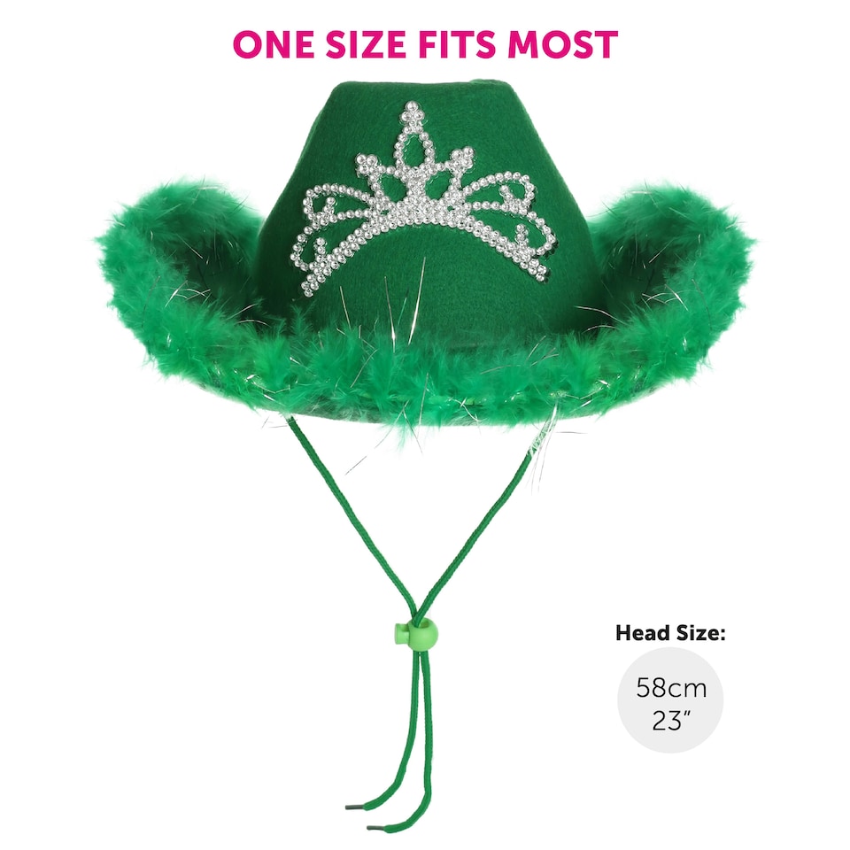 image 1 of Green Cowboy Hat with Marabou Trim & Tiara – Fancy Dress Accessory Green | One Size