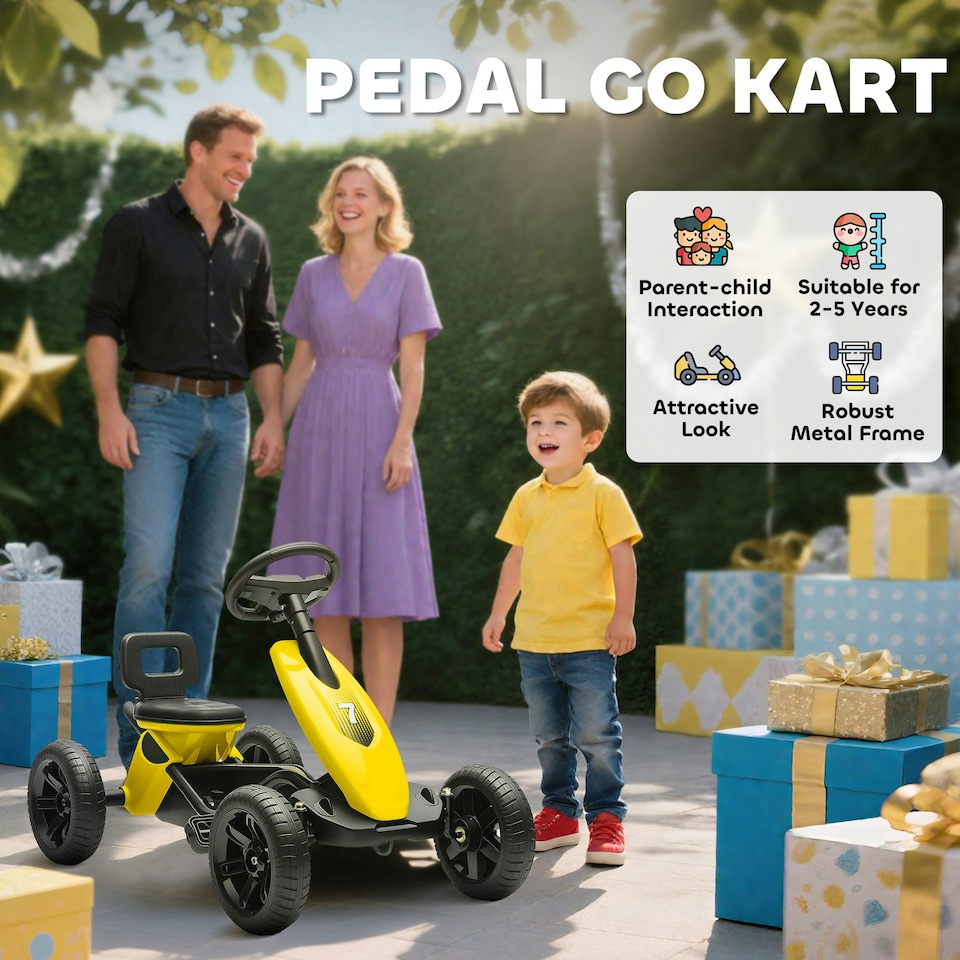 image 1 of AIYAPLAY Pedal Go-Kart for Kids with Silent EVA Wheels, Metal Frame, Yellow