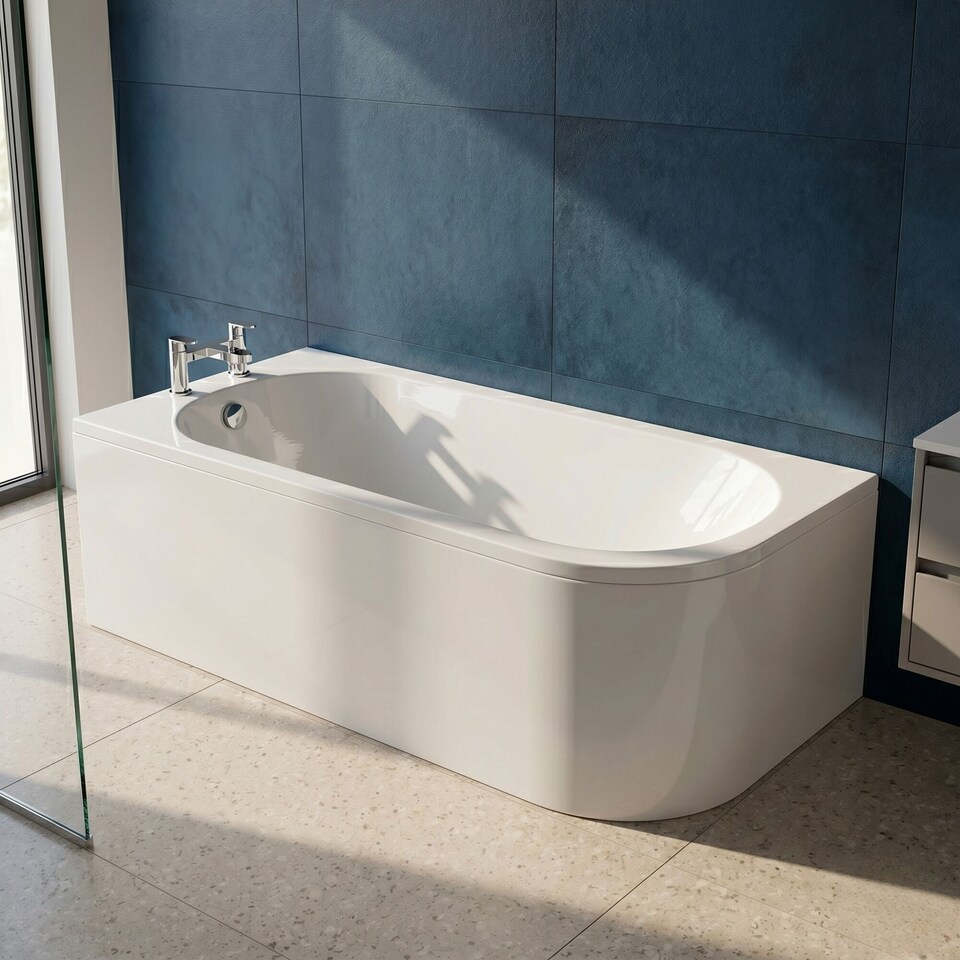 image 1 of Balterley Kingsley Left Hand Back to Wall Corner J Shaped Bath Tub and Panel - Balterley | White | White | 1