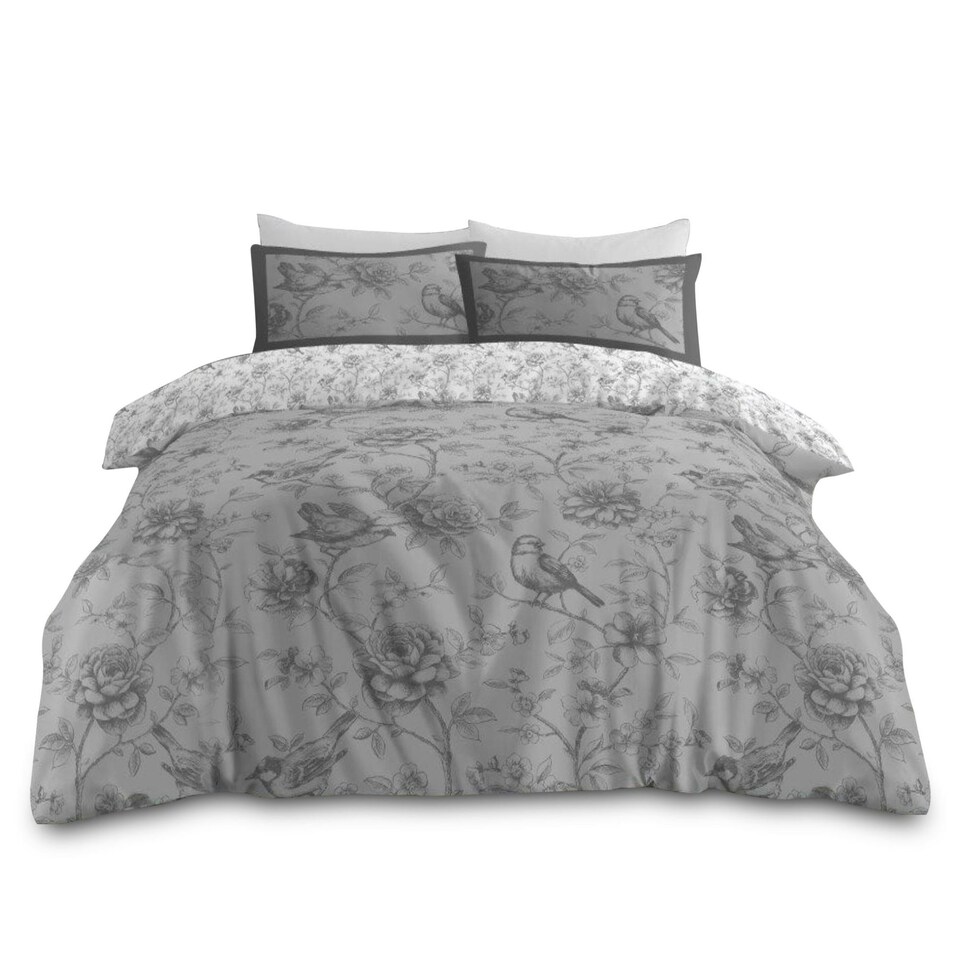 image 1 of VELVETIO Rosa Complete Duvet Cover Set with Fitted Sheet Soft Polycotton Bedding Sets Grey | King