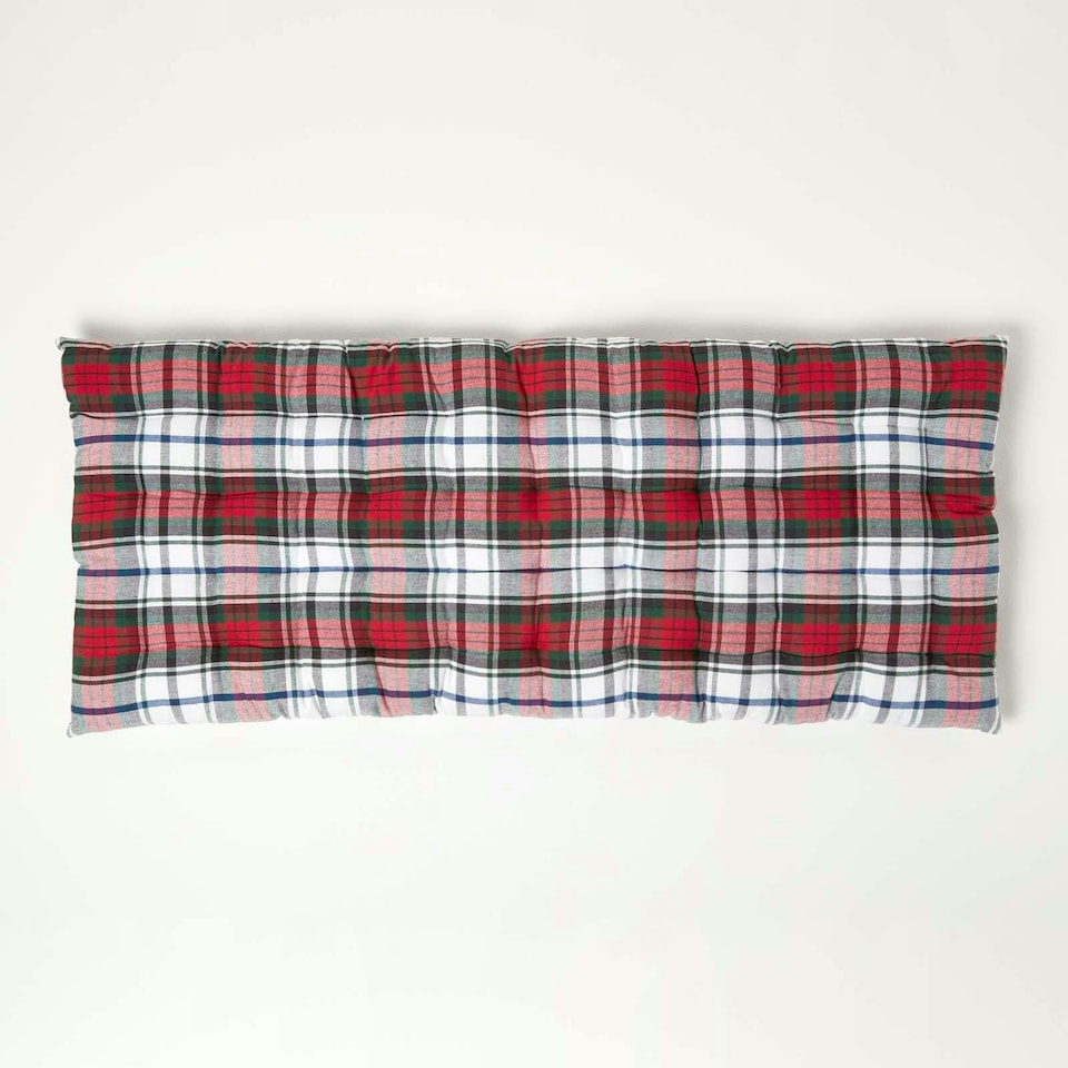 image 1 of Homescapes Garden Bench Cushion Luxury 2 Seater Cotton Tartan Indoor Outdoor Seat Pad | Red | 108 x 42 cm | 1