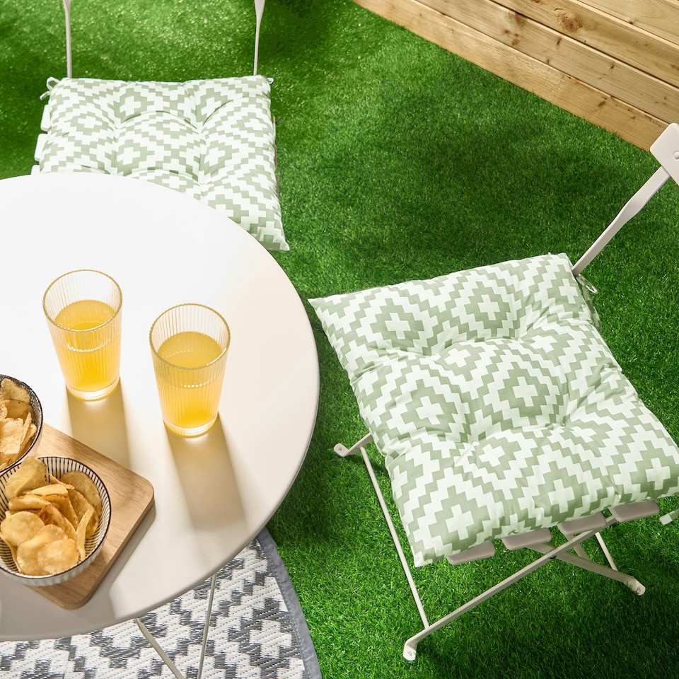 image 1 of OHS 2 x Geometric Waterproof Outdoor Garden Patio Deck Chair Tie Soft Comfy Cushion Filled Seat Pads Green | Sage | 40 x 40cm